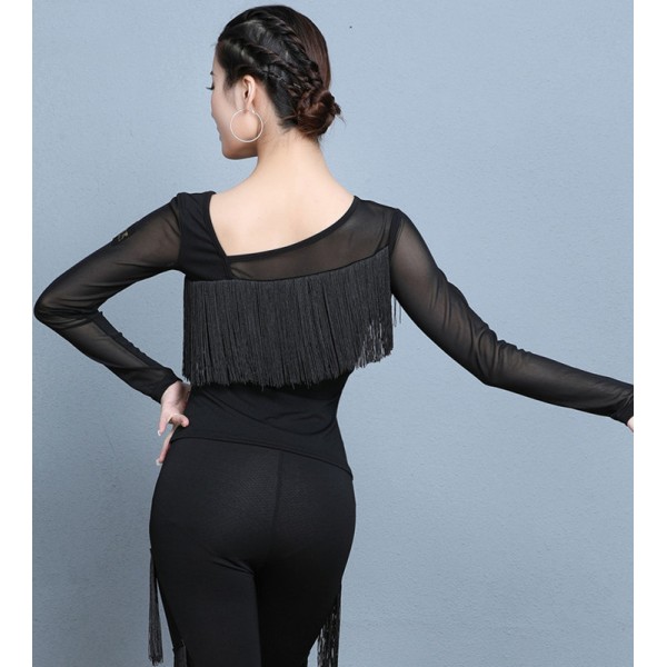 Black Fringed Latin Ballroom Dance Tops For Women Inclinded Neck Long Sleeves Tassels Stage 
